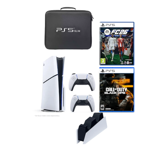 Sony PS5 Disc Slim Console UAE Version With Extra Controller + FC 26 PS5 + Call of duty Black Ops 6 PS5 + Charging Station + PS5 Carrying Bag Bundle