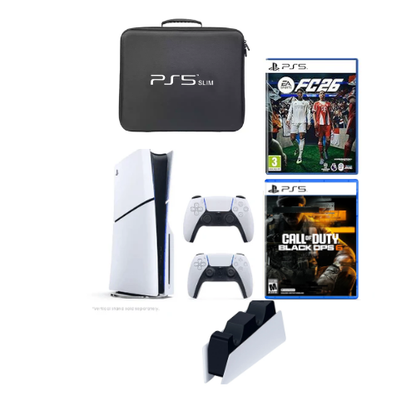 Sony PS5 Disc Slim Console UAE Version With Extra Controller + FC 26 PS5 + Call of duty Black Ops 6 PS5 + Charging Station + PS5 Carrying Bag Bundle