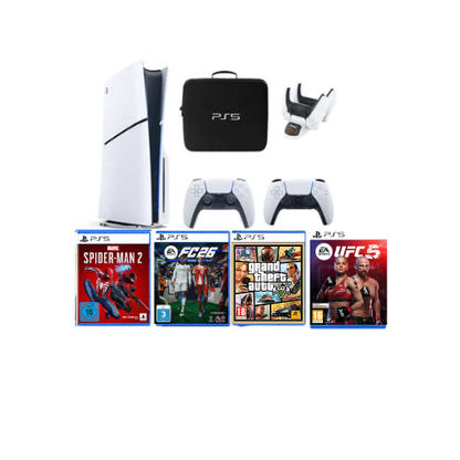 Sony Playstation PS5 Disc Slim Console with Extra Controller International Version with Bag, Charging Dock Station and 4 Games