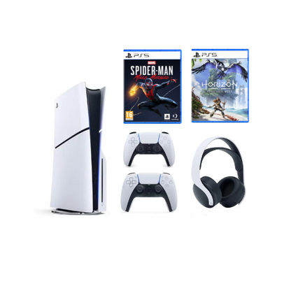 Sony PlayStation 5 Slim Disc Console With Extra DualSense Controller, Spiderman Miles Morales, Horizon Fobidden West, Pulse Headset White Bundle - International Version
